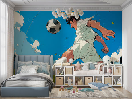 Football anime wallpaper mural displayed in modern teen bedroom, showing dynamic soccer action