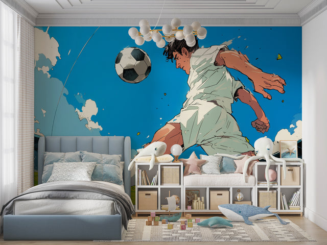 Football anime wallpaper mural displayed in modern teen bedroom, showing dynamic soccer action