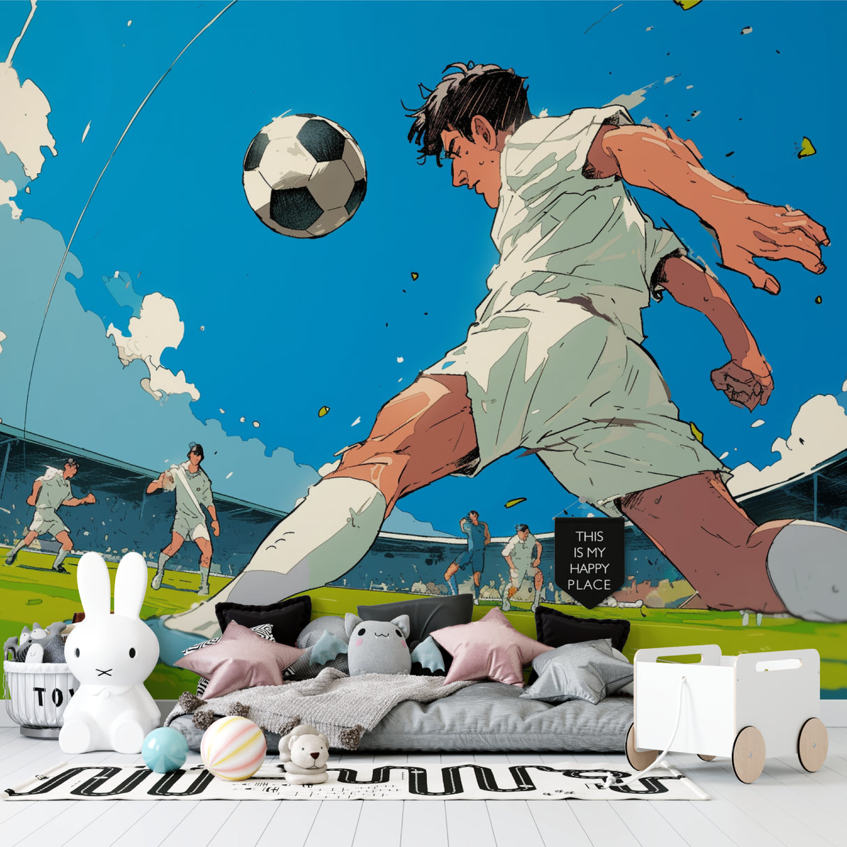 Football wall mural in kids playroom showing anime-style soccer match