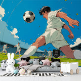 Football wall mural in kids playroom showing anime-style soccer match