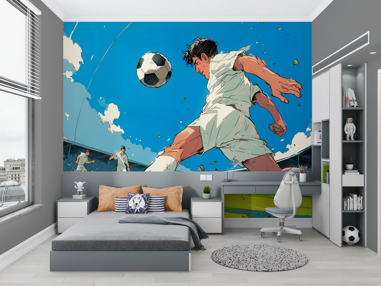 Anime football mural installed in modern home gym showing dynamic gameplay