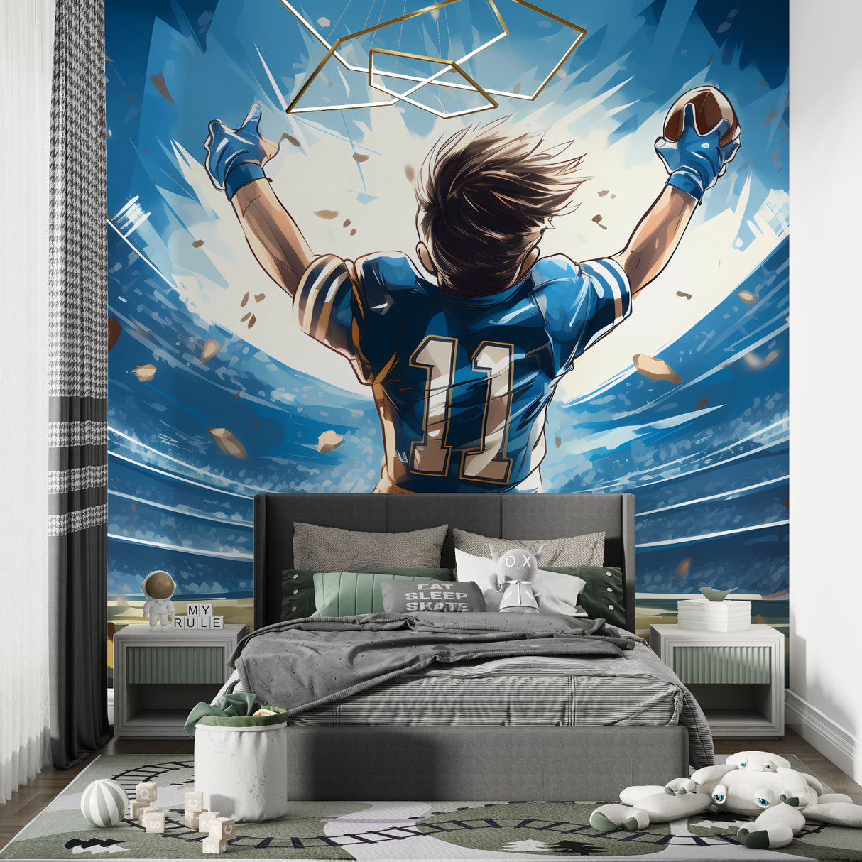 Football anime wallpaper bringing stadium atmosphere to a modern teen bedroom with blue and white accents