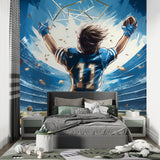 Football anime wallpaper bringing stadium atmosphere to a modern teen bedroom with blue and white accents
