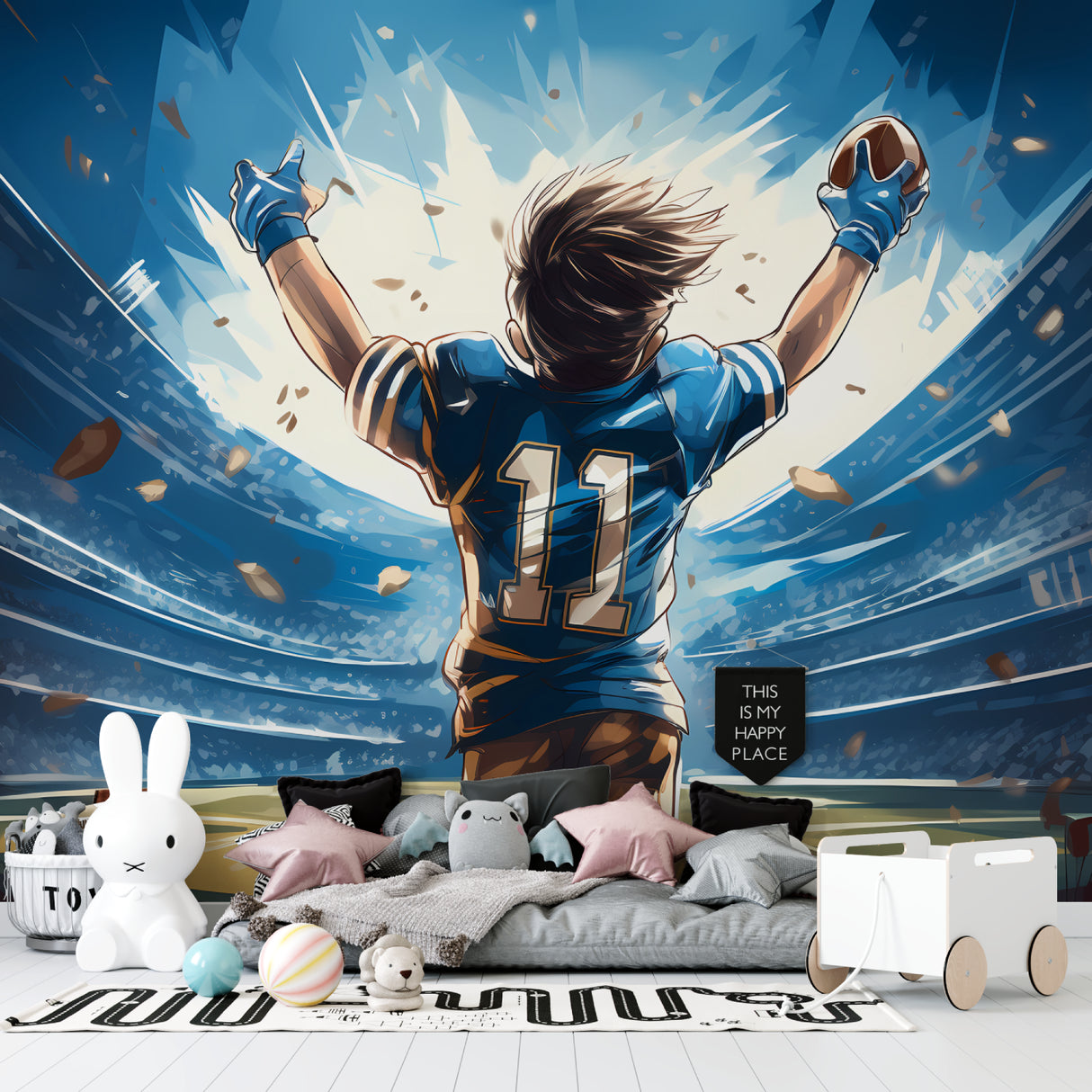 Sports anime mural displayed in a game room showcasing dynamic football action scene