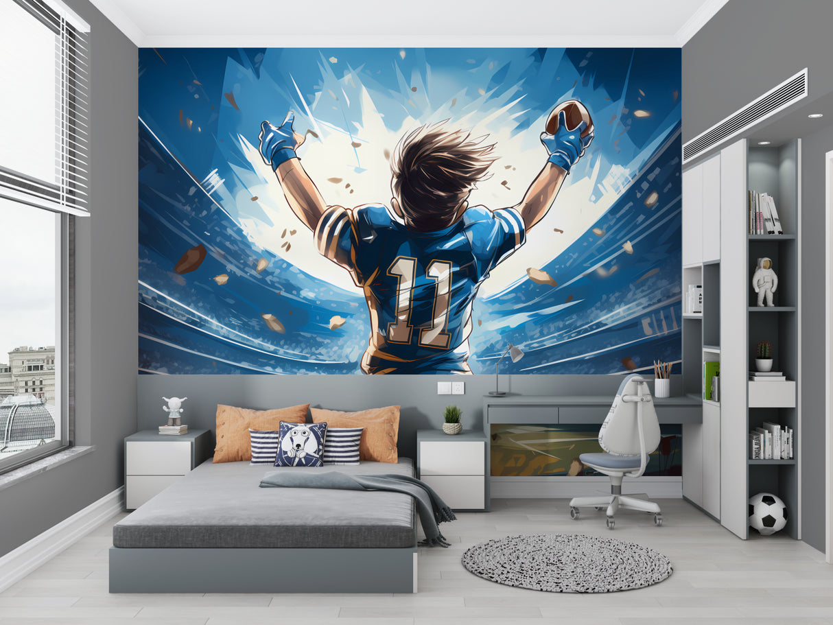 Anime football wallpaper creating energy in a home gym with dramatic stadium lighting