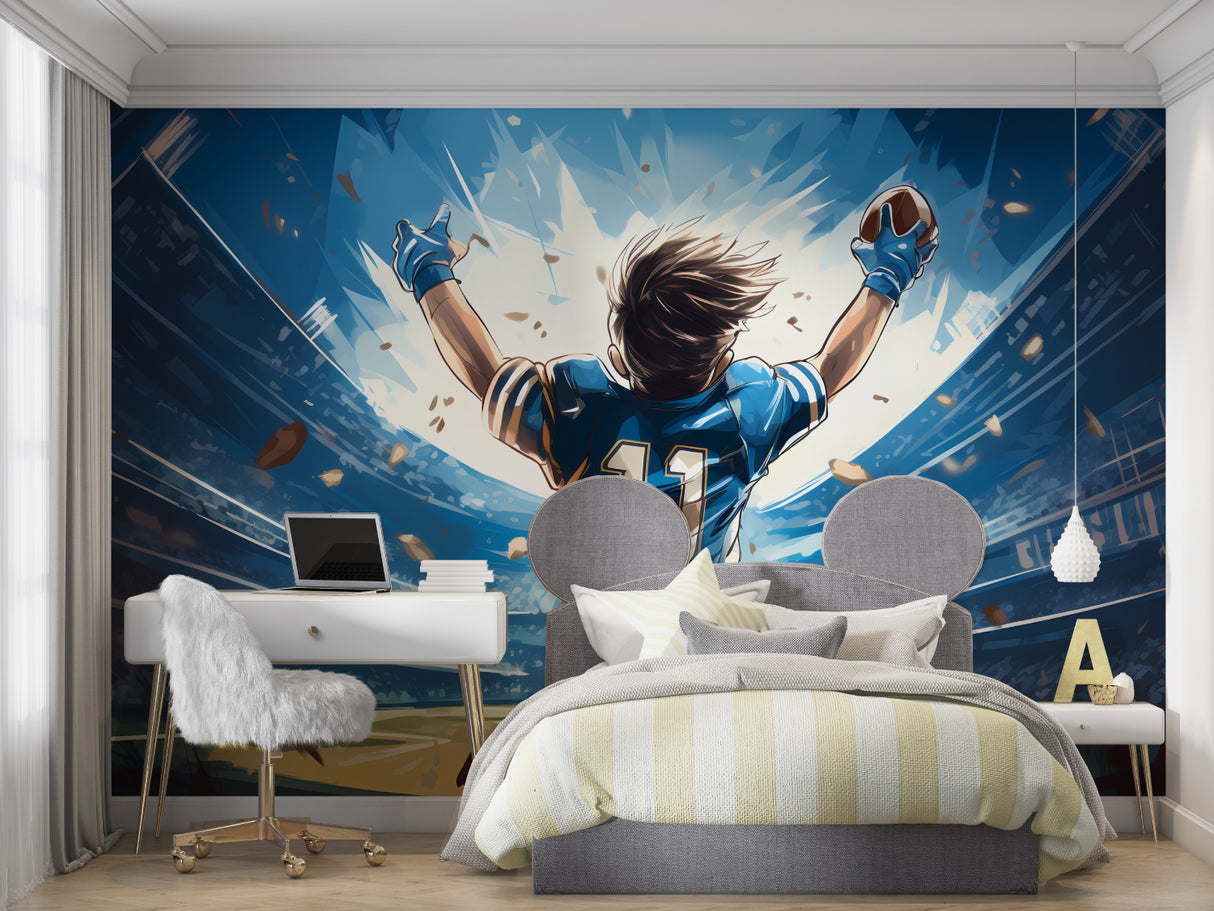 Football themed wall mural in a sports bar setting with anime style victory moment