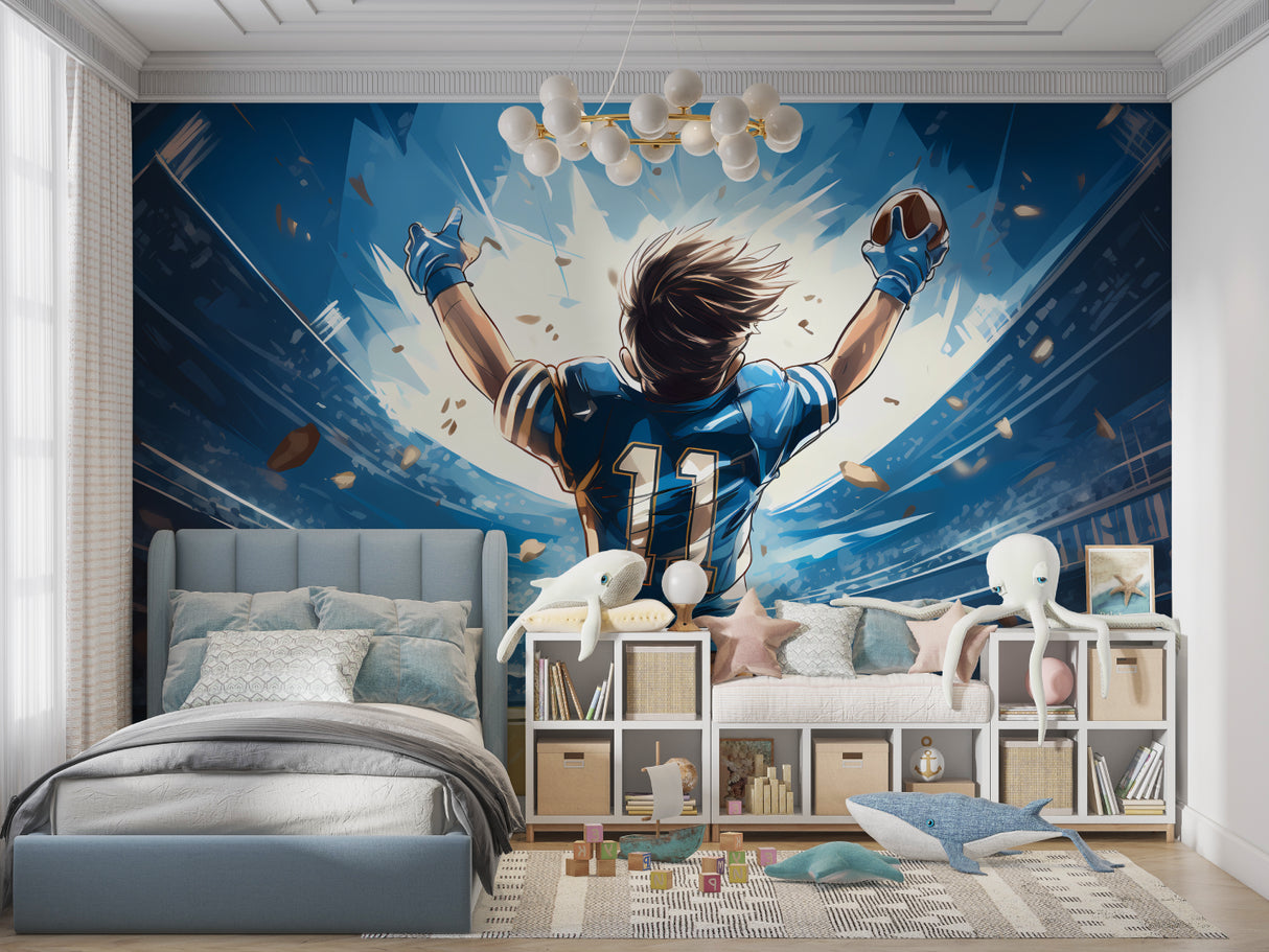 Soccer anime wallpaper transforming a fan cave with dynamic stadium atmosphere