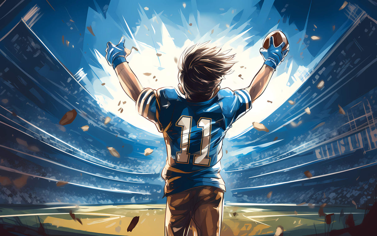 Original design file of anime football stadium victory scene with dynamic player silhouette