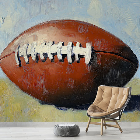 Football wall mural in artistic oil paint style showcased in a modern game room with ambient lighting