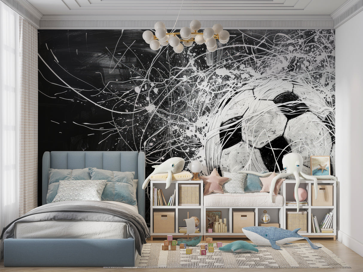 Black and white football wallpaper creating depth in modern living room, dramatic sports design