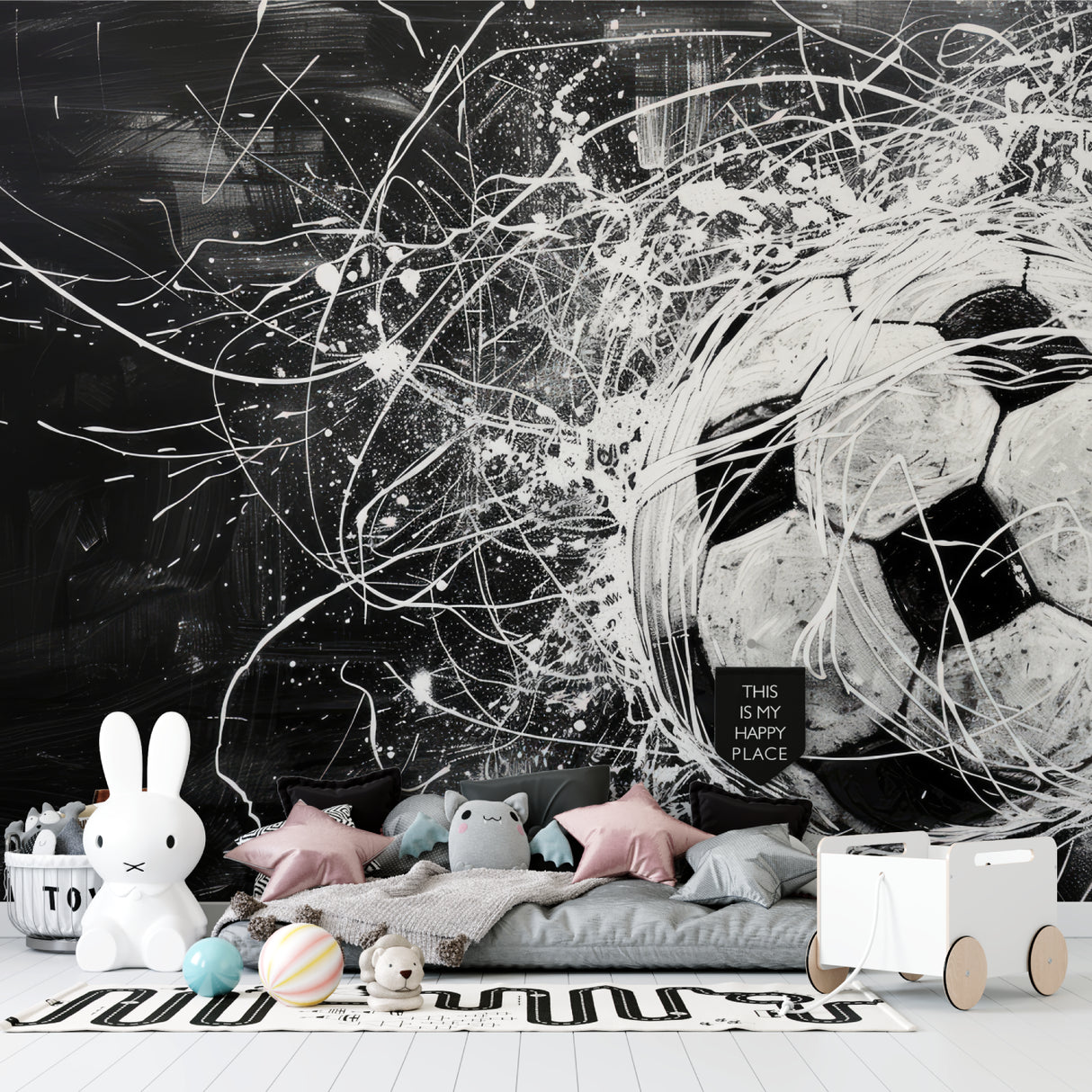 Soccer wall mural in teen bedroom, monochrome sports theme with dynamic style
