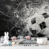 Soccer wall mural in teen bedroom, monochrome sports theme with dynamic style