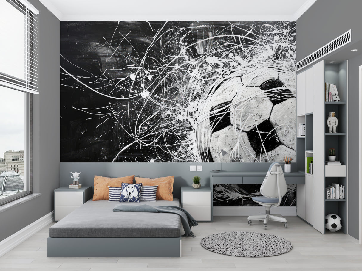 Football wall art in gaming room, black and white artistic sports design