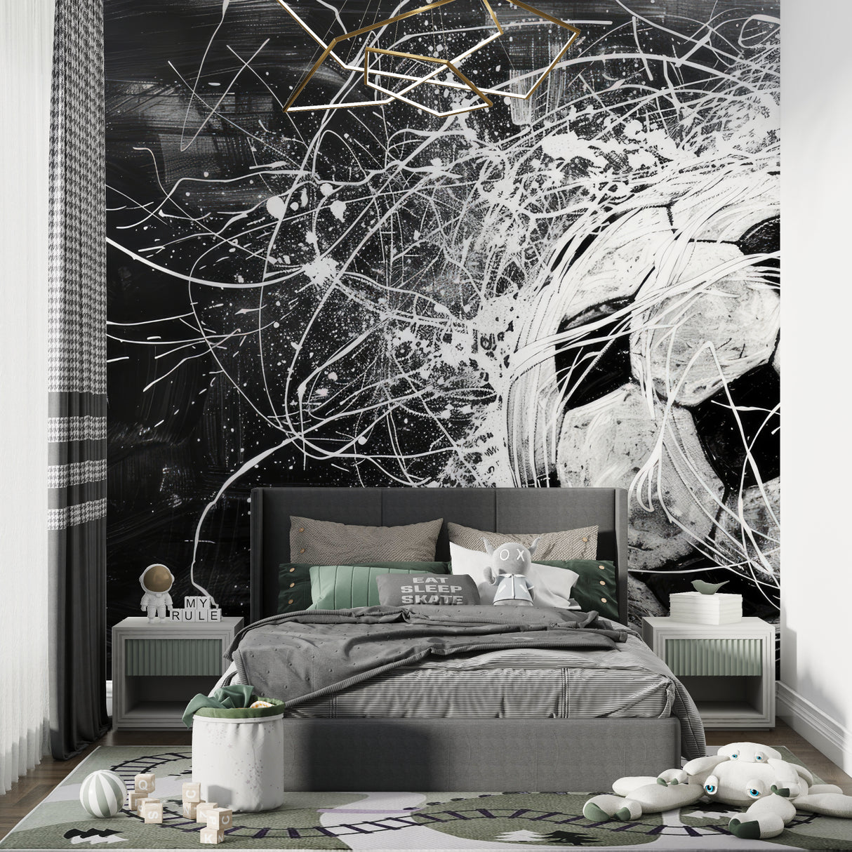 Dynamic football wallpaper in home gym, bold black and white sports pattern