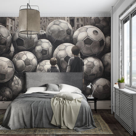 Soccer ball wallpaper bringing modern style to a teen bedroom with black and white optical illusion design