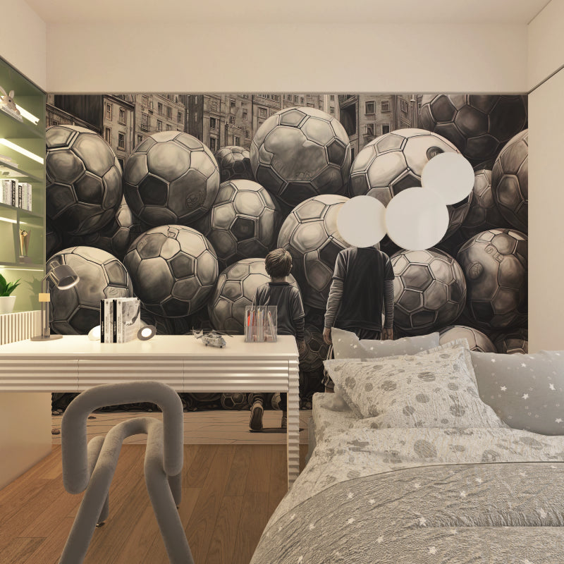 Football wall mural creating depth in a modern living room with monochrome soccer pattern