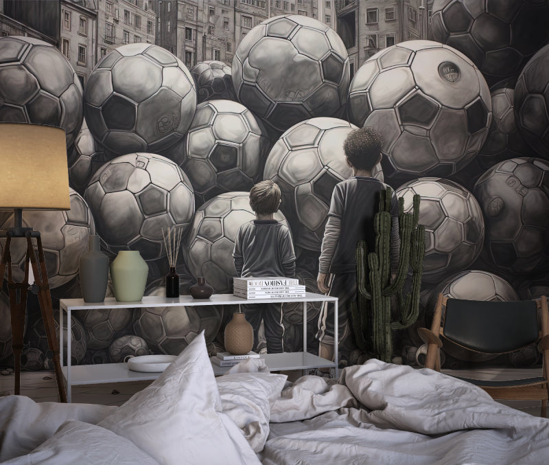 Soccer themed wallpaper transforming a game room with striking black and white design