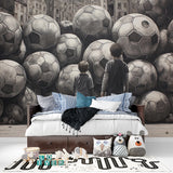 Sports wall mural showcased in a home gym with dynamic soccer ball pattern