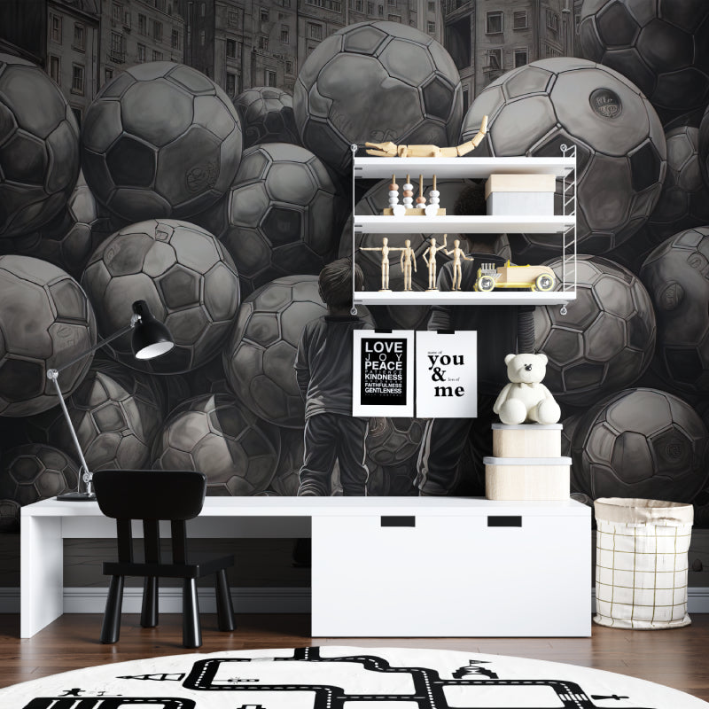 Black and white football wallpaper adding style to a kids playroom setting