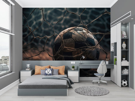 Football goal net wallpaper in modern teen bedroom showing dramatic black and white design