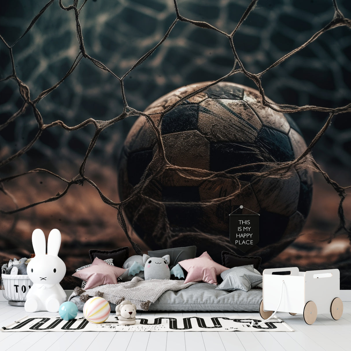 Football wall mural creating depth in contemporary living space