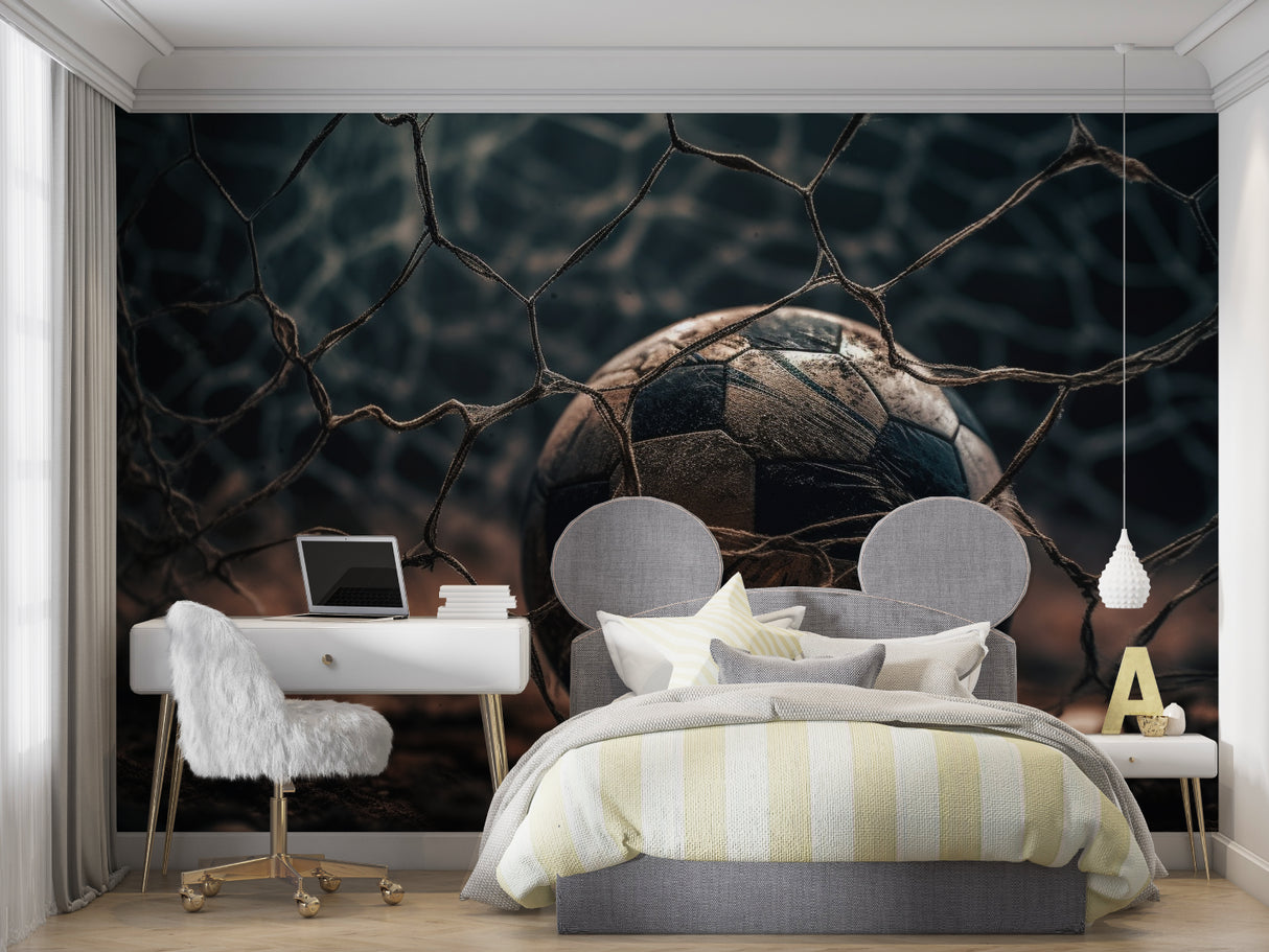 Black and white football mural installed in modern home office