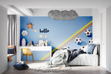 Football wallpaper in modern teen bedroom showing vibrant blue design with rainbow accents
