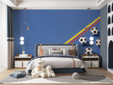 Sports themed wall mural in playroom with dynamic football pattern