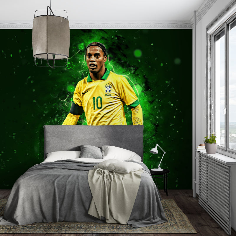 Brazilian soccer wall mural displayed in spacious games room with gaming setup