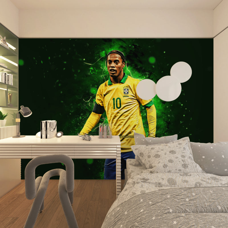 Sports wallpaper creating focal point in contemporary man cave setup