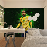 Sports wallpaper creating focal point in contemporary man cave setup
