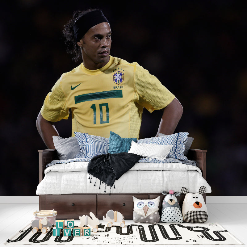 Soccer legend wall mural bringing sports flair to a contemporary living room