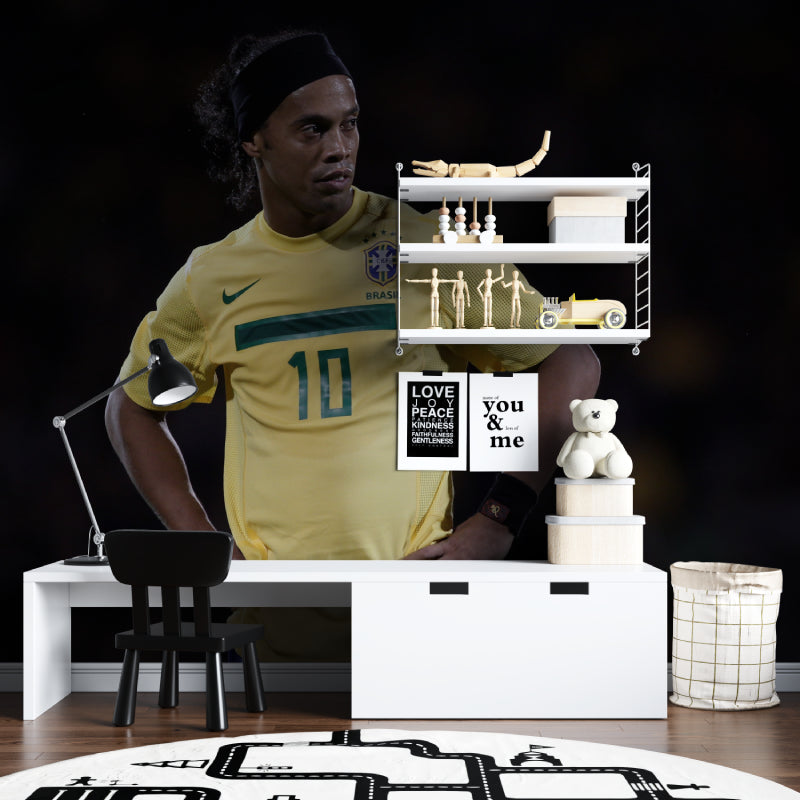 Brazilian football mural wallpaper displayed in home office with minimalist furniture
