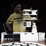 Brazilian football mural wallpaper displayed in home office with minimalist furniture