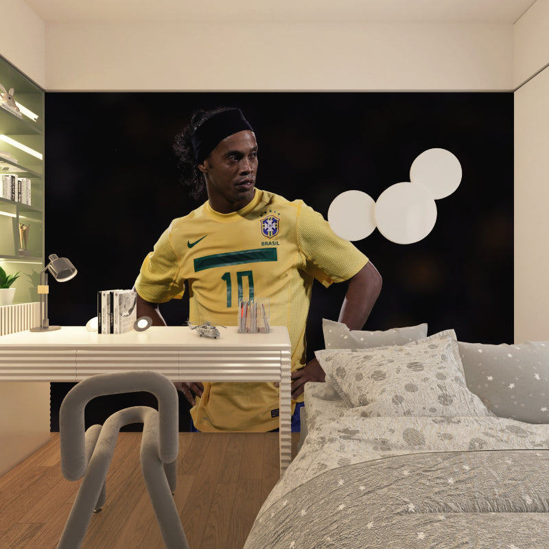 Sports themed wallpaper in game room with modern entertainment setup