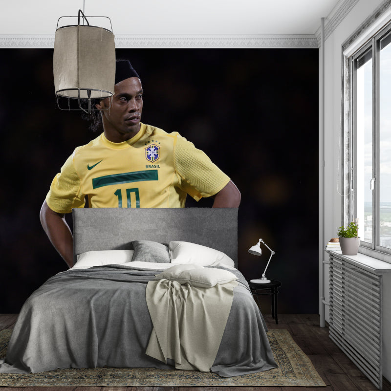 Yellow jersey football mural creating statement wall in man cave