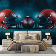 Football mural wallpaper displayed in modern sports bar showing red helmets and leather football design against blue backdrop