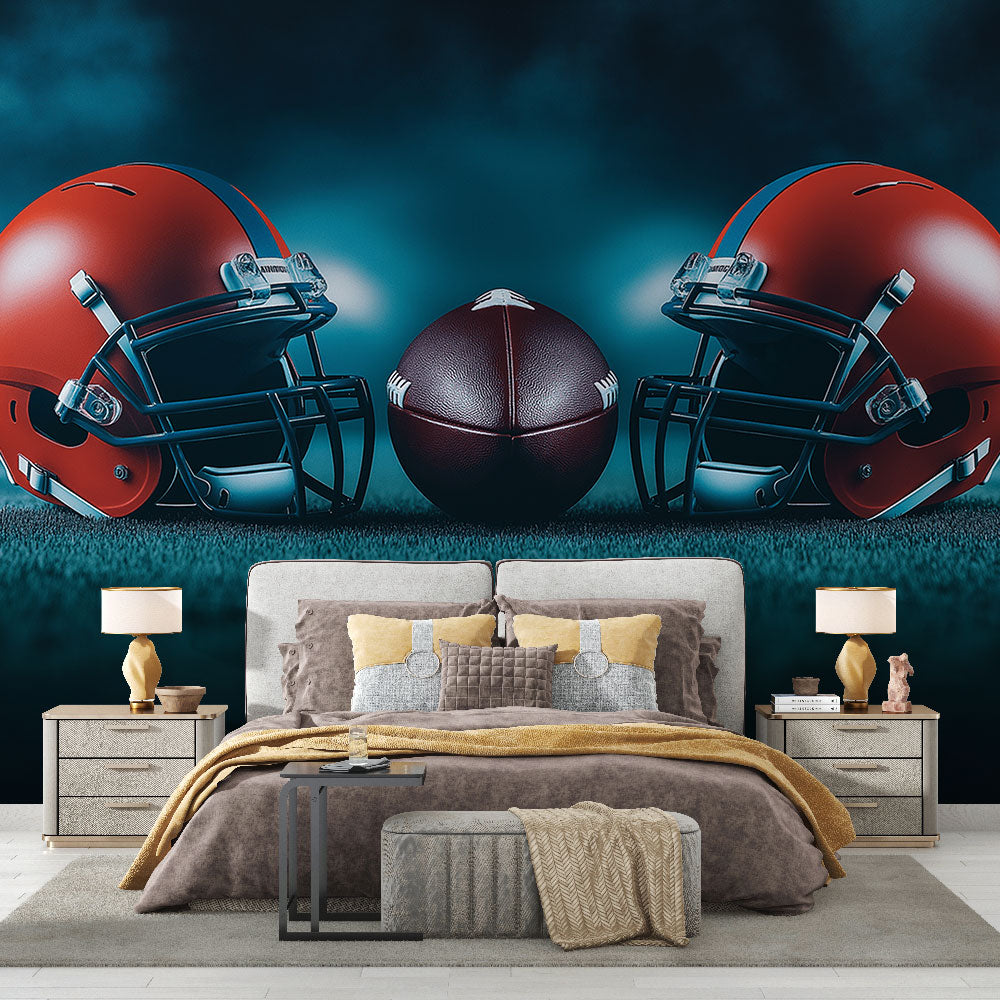 Football mural wallpaper displayed in modern sports bar showing red helmets and leather football design against blue backdrop