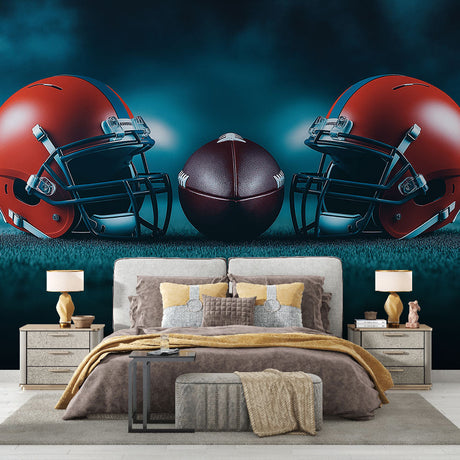 Football mural wallpaper displayed in modern sports bar showing red helmets and leather football design against blue backdrop