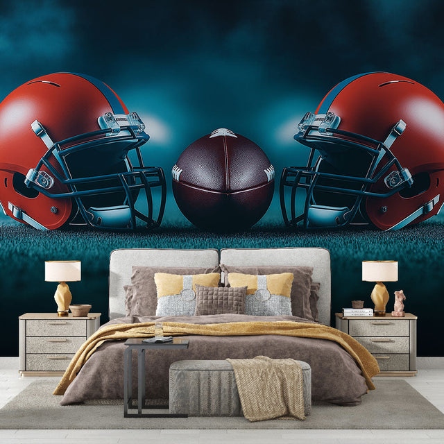 Football mural wallpaper displayed in modern sports bar showing red helmets and leather football design against blue backdrop