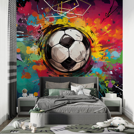Football graffiti wallpaper in modern teen bedroom, showing vibrant colors and urban style