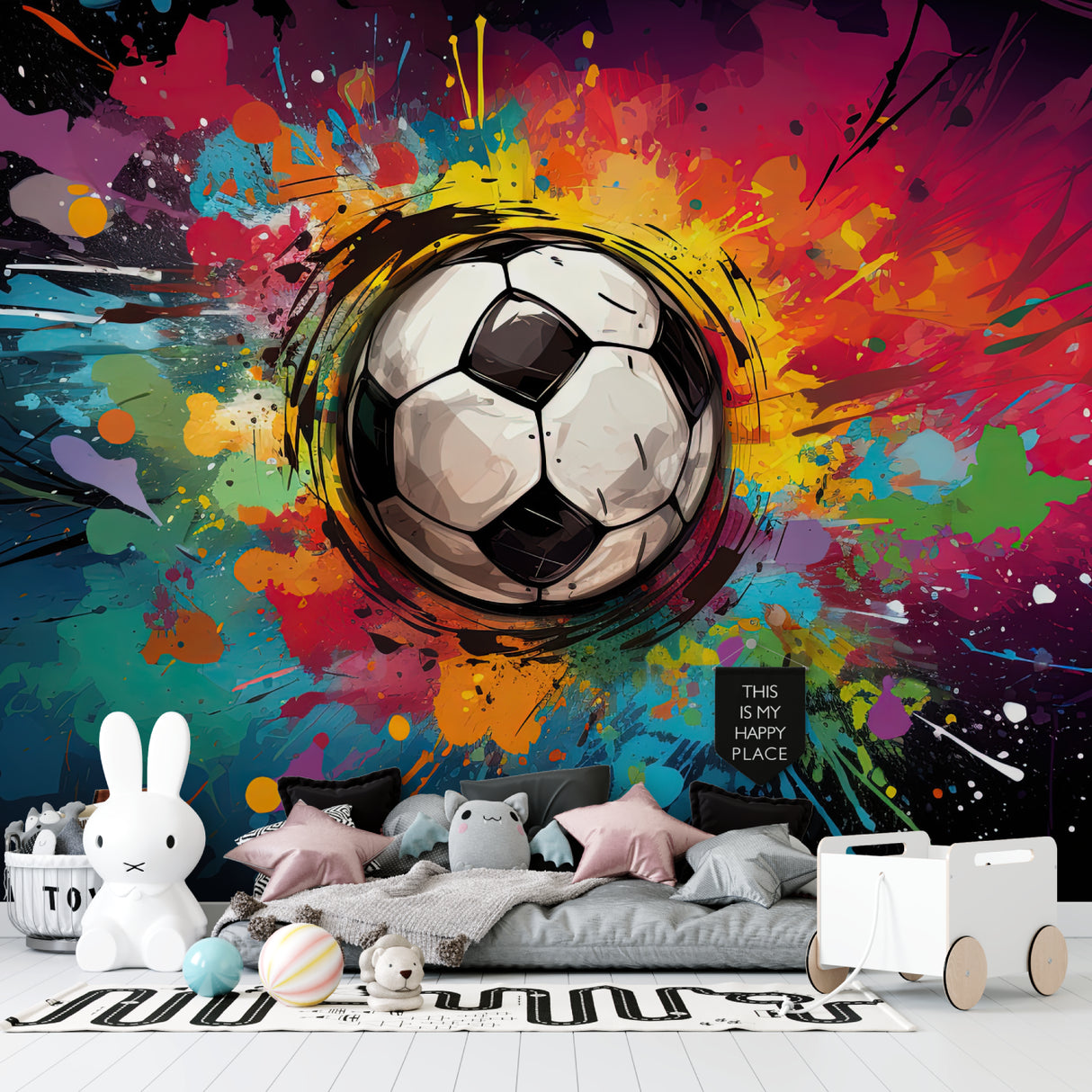 Sports wallpaper mural creating energy in kids play area with street art vibe