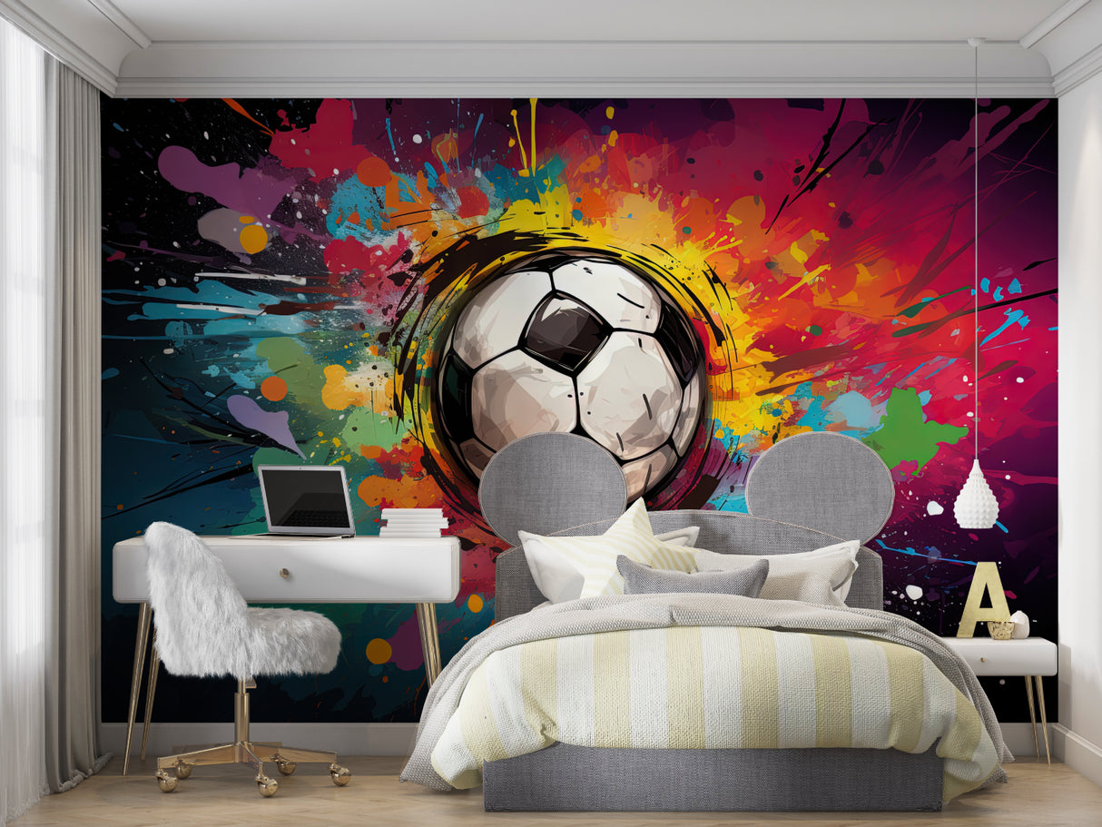 Urban football mural making statement in modern living room