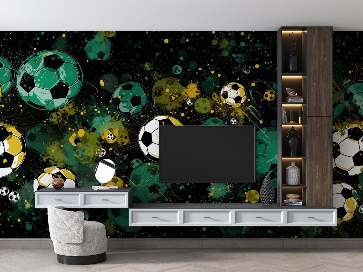Football mural wallpaper in modern gaming room with green and gold cosmic design creating an epic atmosphere