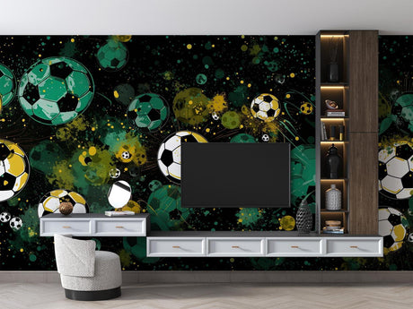 Football mural wallpaper in modern gaming room with green and gold cosmic design creating an epic atmosphere