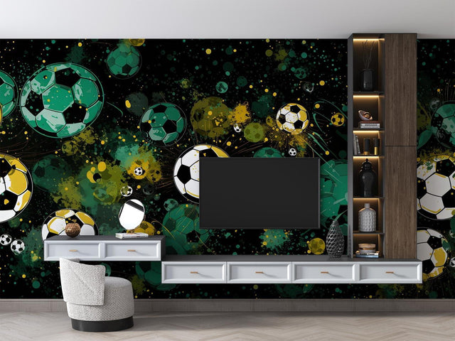 Football mural wallpaper in modern gaming room with green and gold cosmic design creating an epic atmosphere