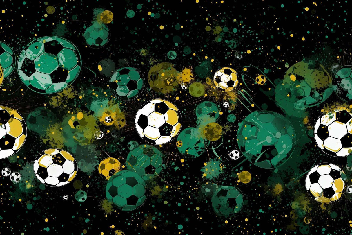 Football wallpaper design file showing detailed cosmic pattern with green and gold soccer balls on black background