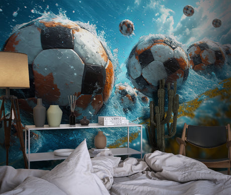 Football mural wallpaper transforming a modern teen bedroom with dynamic 3D design