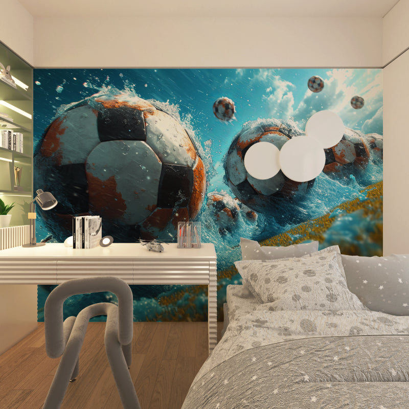 3D football wallpaper creating depth in a spacious game room