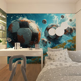 3D football wallpaper creating depth in a spacious game room